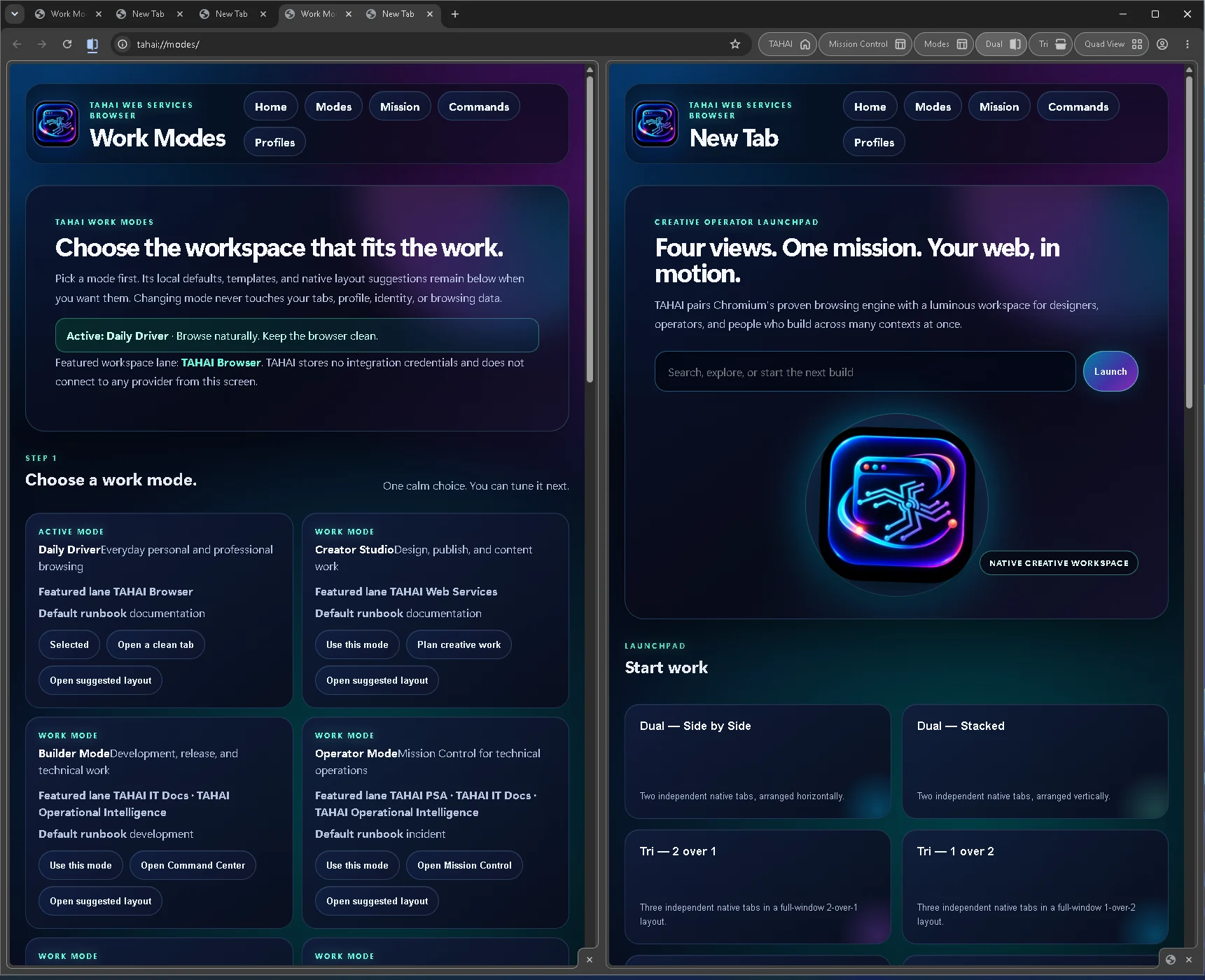 TAHAI Browser displaying Work Modes and New Tab side by side in Dual View