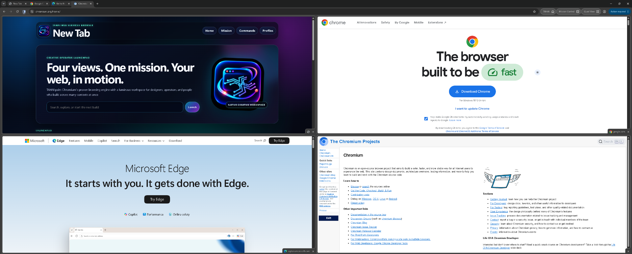 TAHAI Browser Mission Control displaying four independent web surfaces in Quad View