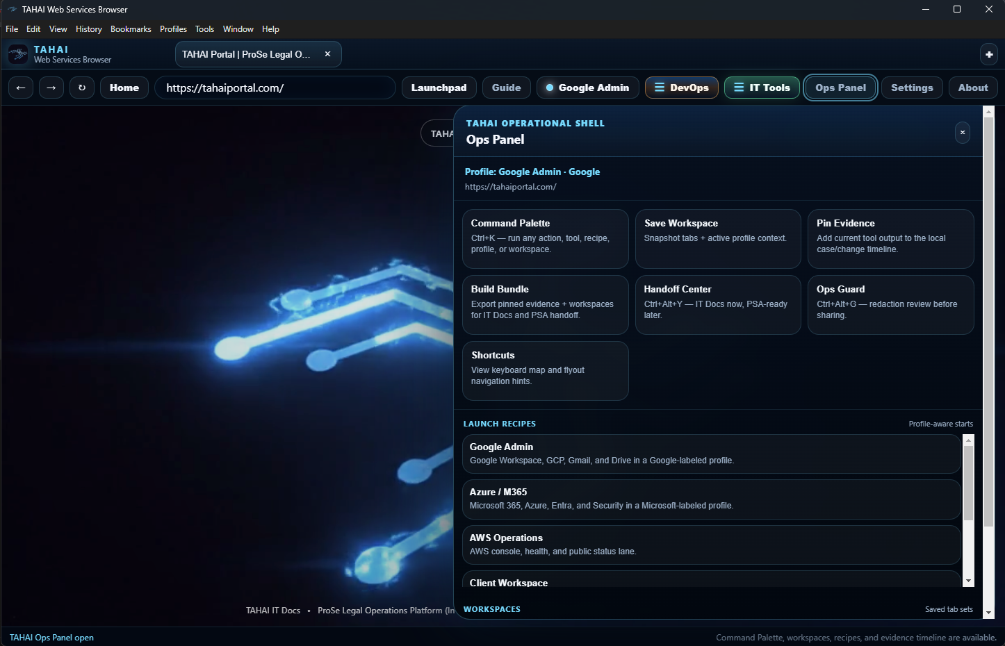 TAHAI Browser Ops Panel showing command palette, save workspace, pin evidence, handoff center, launch recipes, and workspaces
