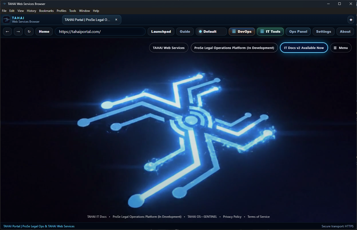 TAHAI Web Services Browser showing TAHAI Portal route with DevOps, IT Tools, Ops Panel, Settings, and About buttons
